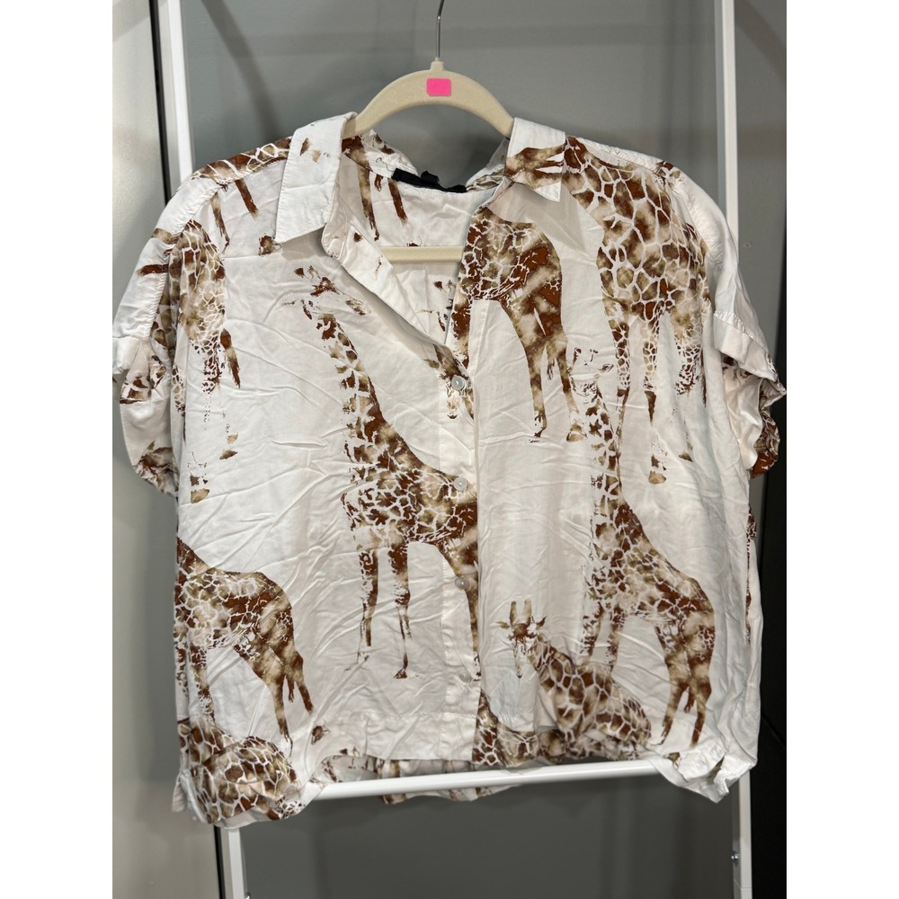 Jane + Delancey Womens Large Giraffe Print Rayon Button Down Shirt White Brown